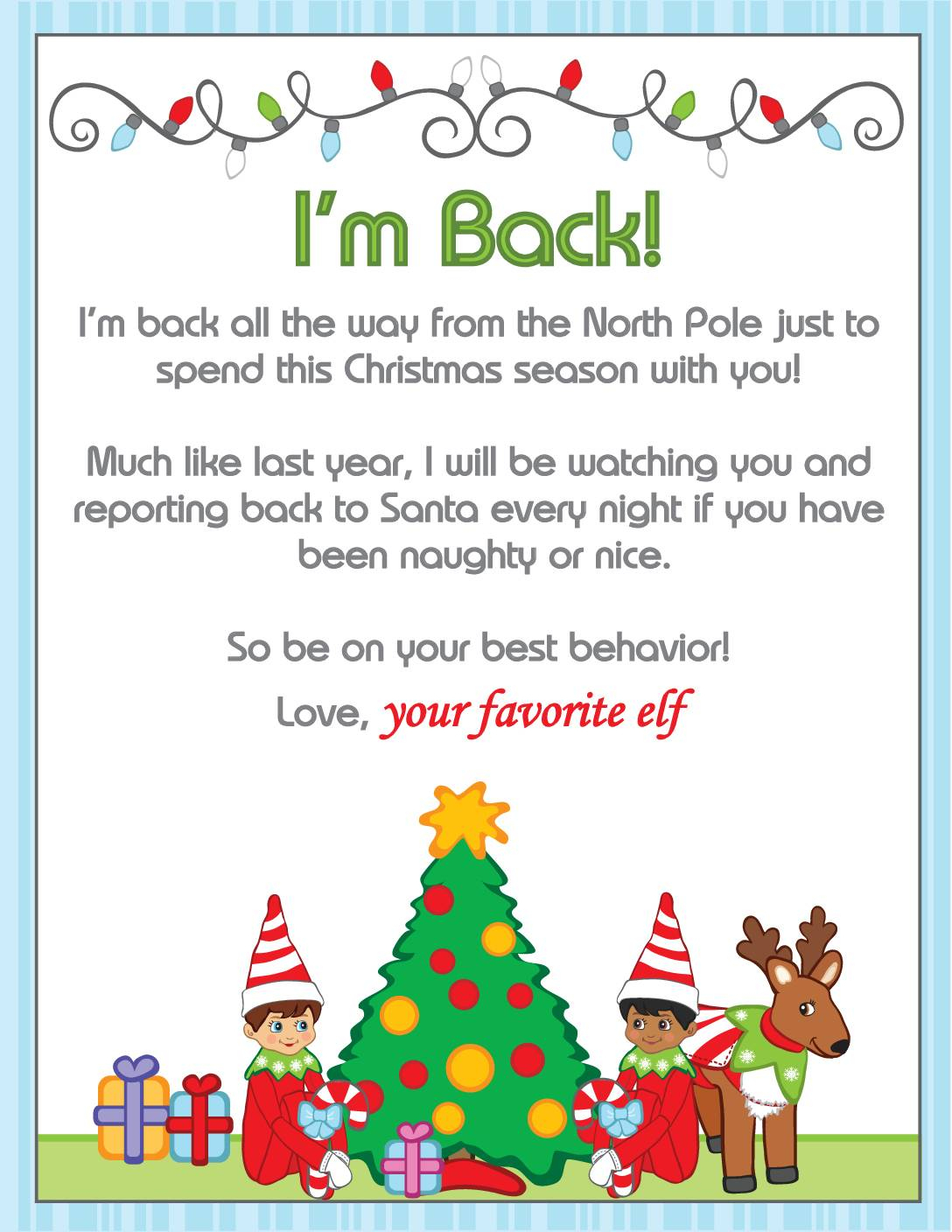 I&amp;#039;M Back Elf On A Shelf Sign - Elf On The Shelf Im Back Letter Free Printable