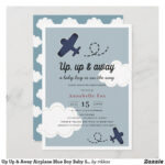 Up Up & Away Airplane Blue Boy Baby Shower Invitation | Zazzle   Free Printable Airplane Baby Shower Invitations