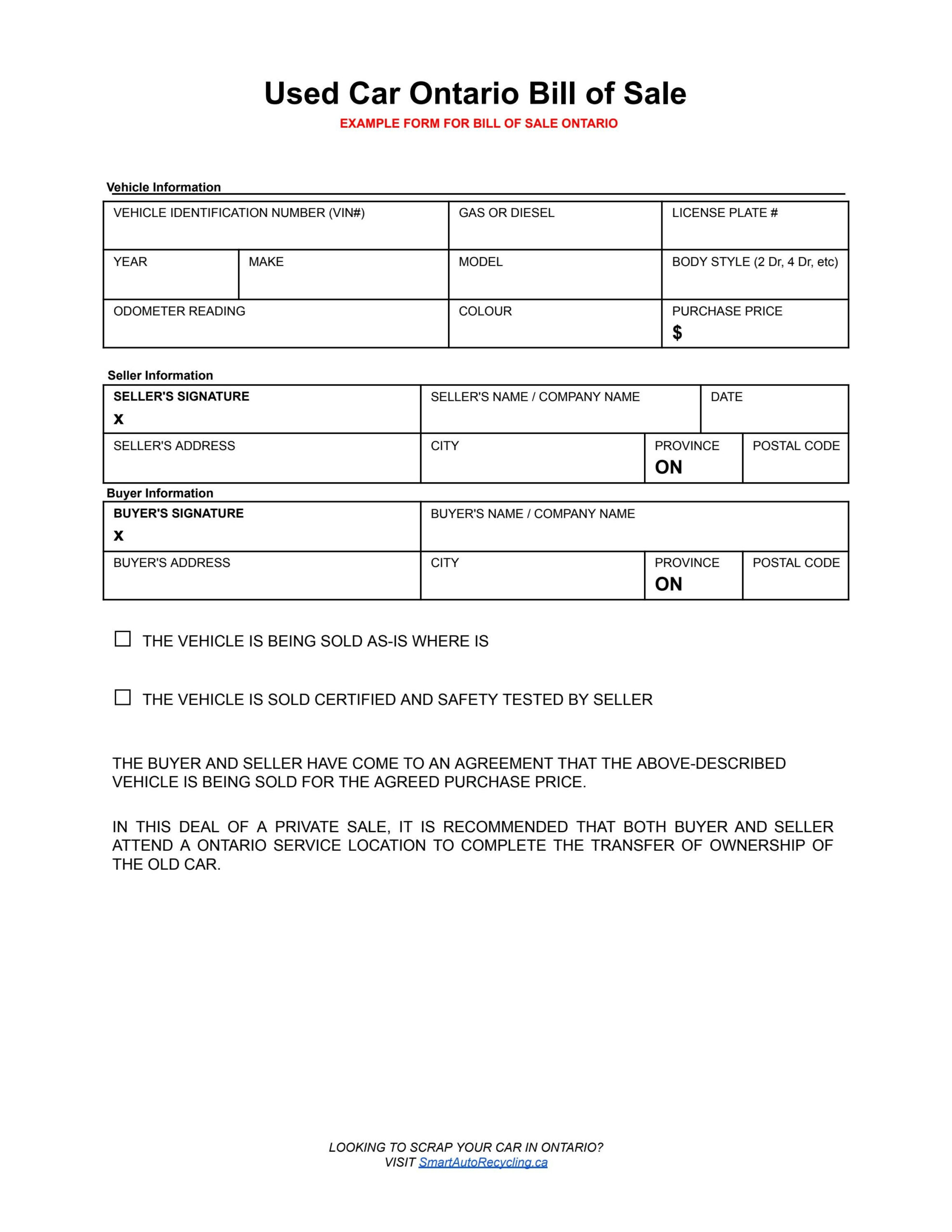 Used Car Ontario Bill Of Salesmart Auto Recycling - Issuu - Free Printable Bill Of Sale Ontario