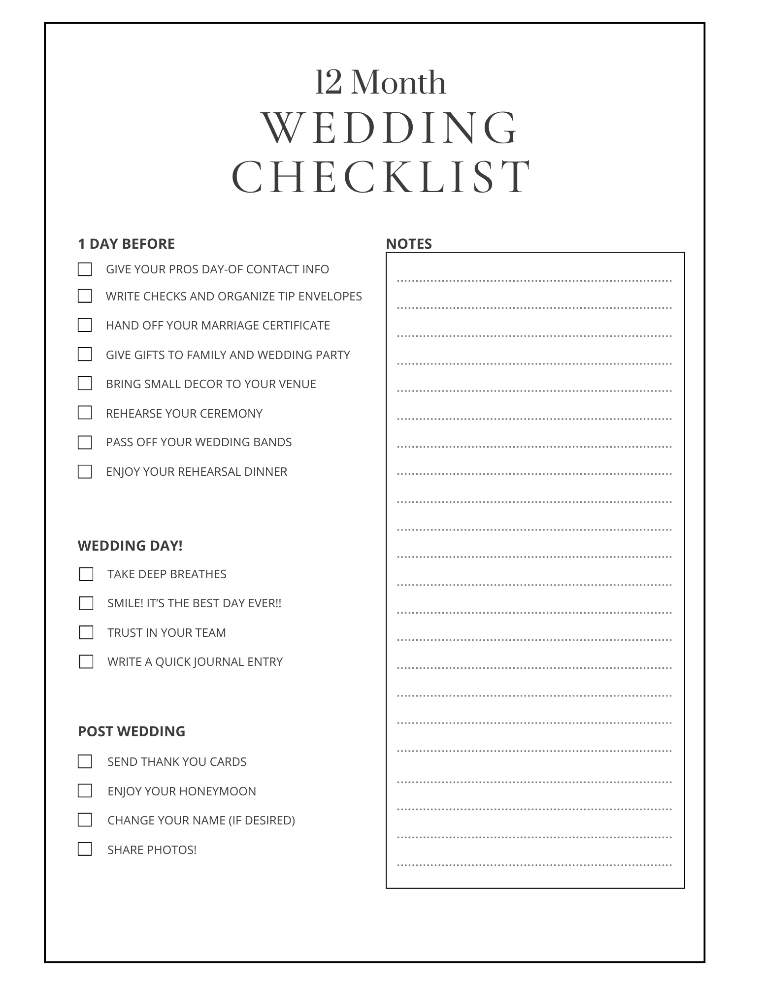 12 Month Wedding Planning Checklist Free Printable