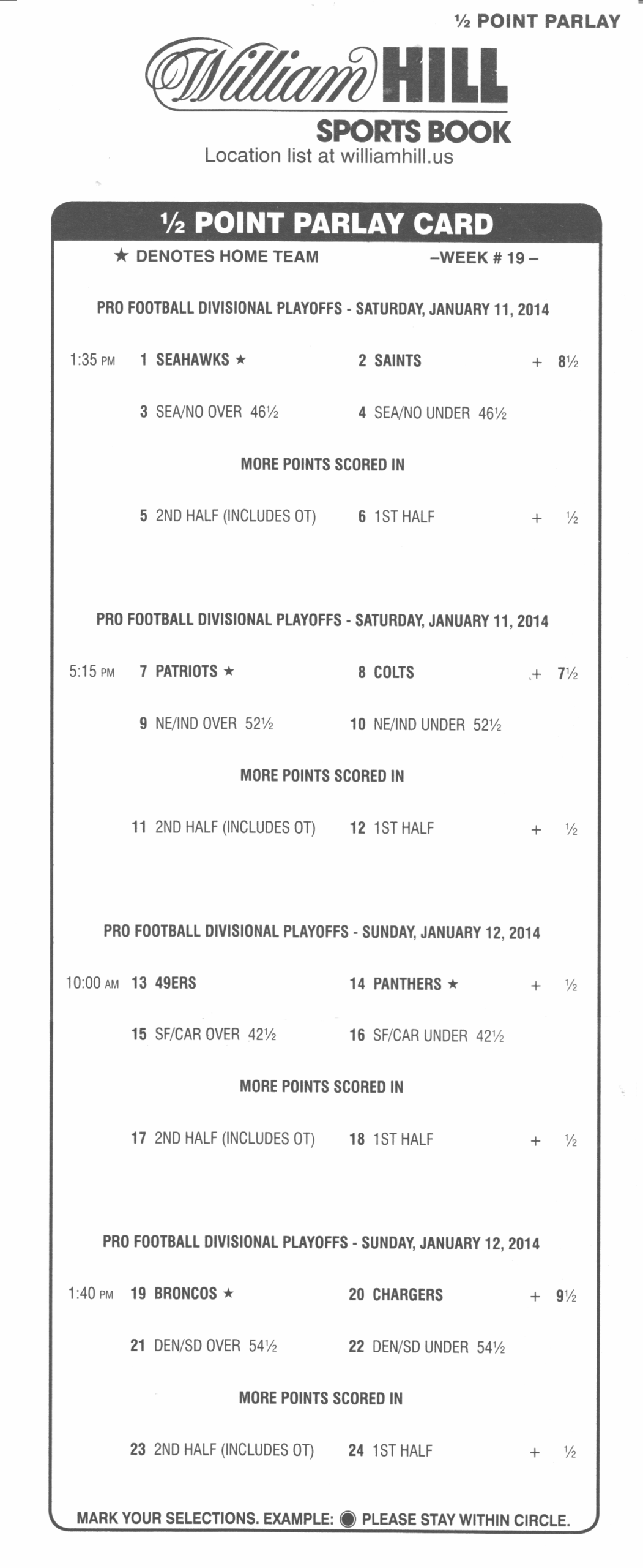 15234 Half Point Parlay Cards