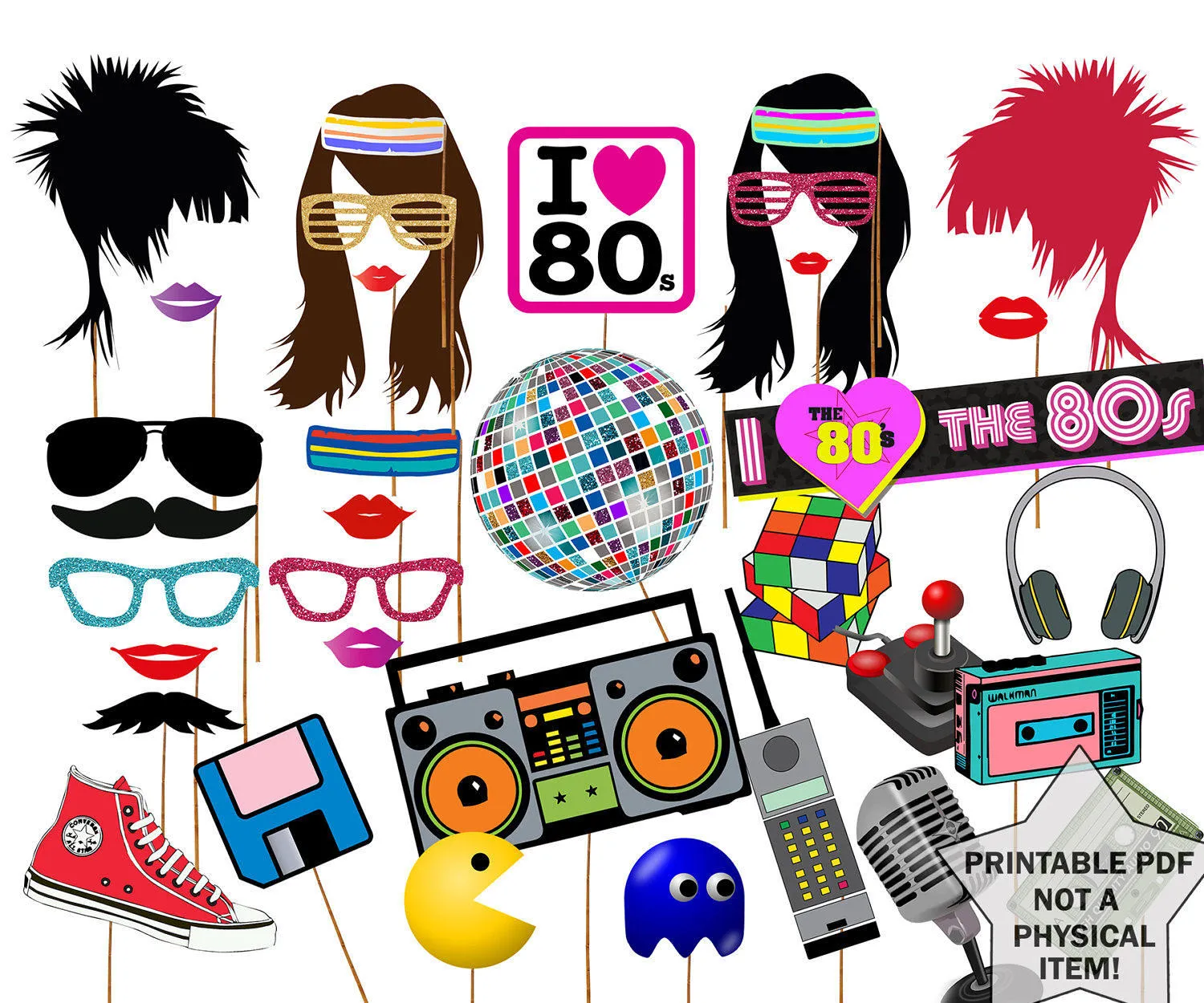 80s Party Photo Booth Props Printable
