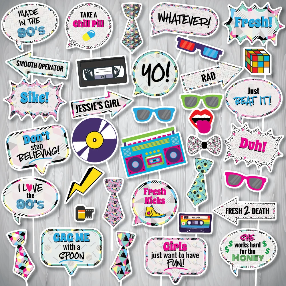 80s Photo Booth Props Printable Retro