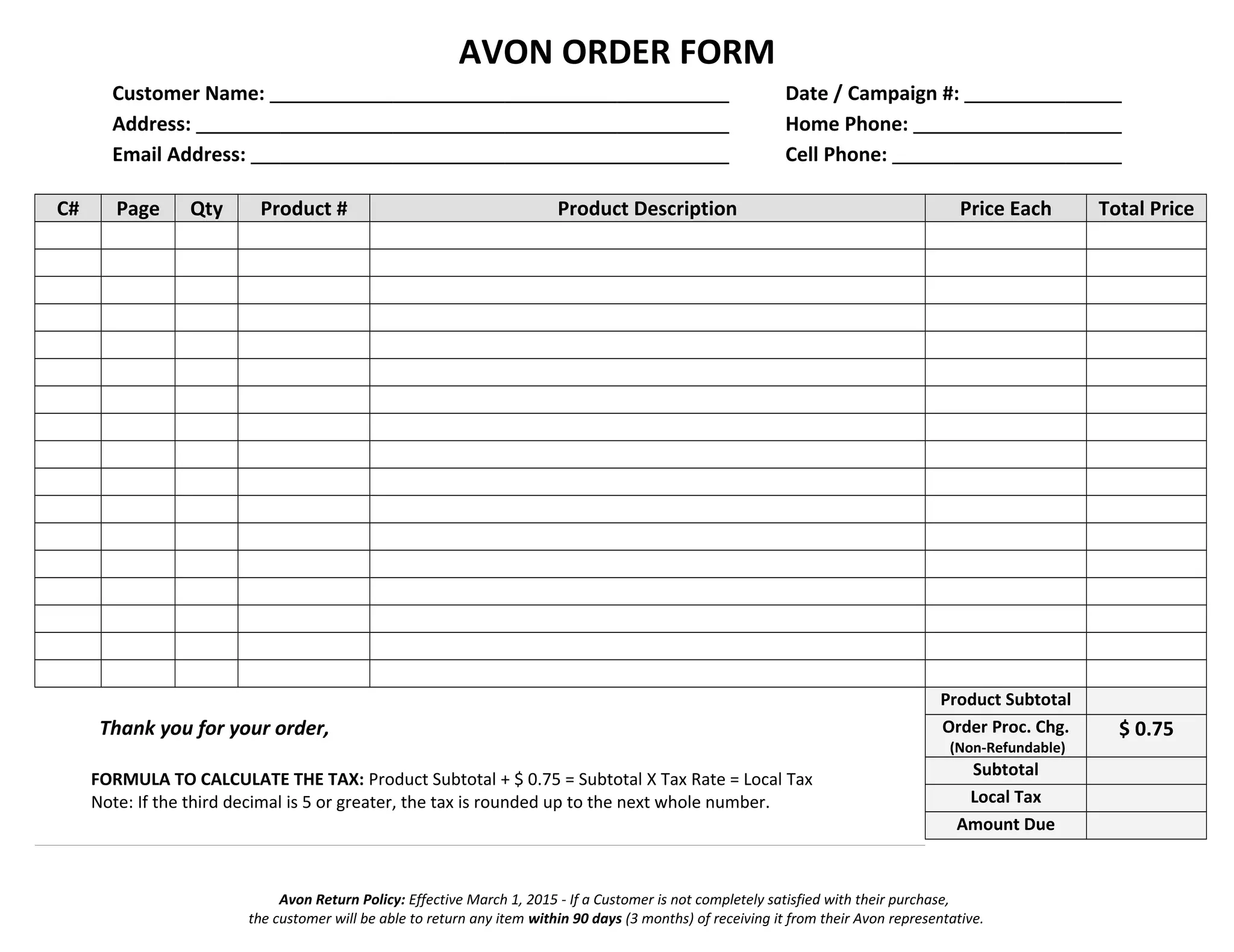 Avon Order Form Blank Word Version Avon Order Form Blank Word Version