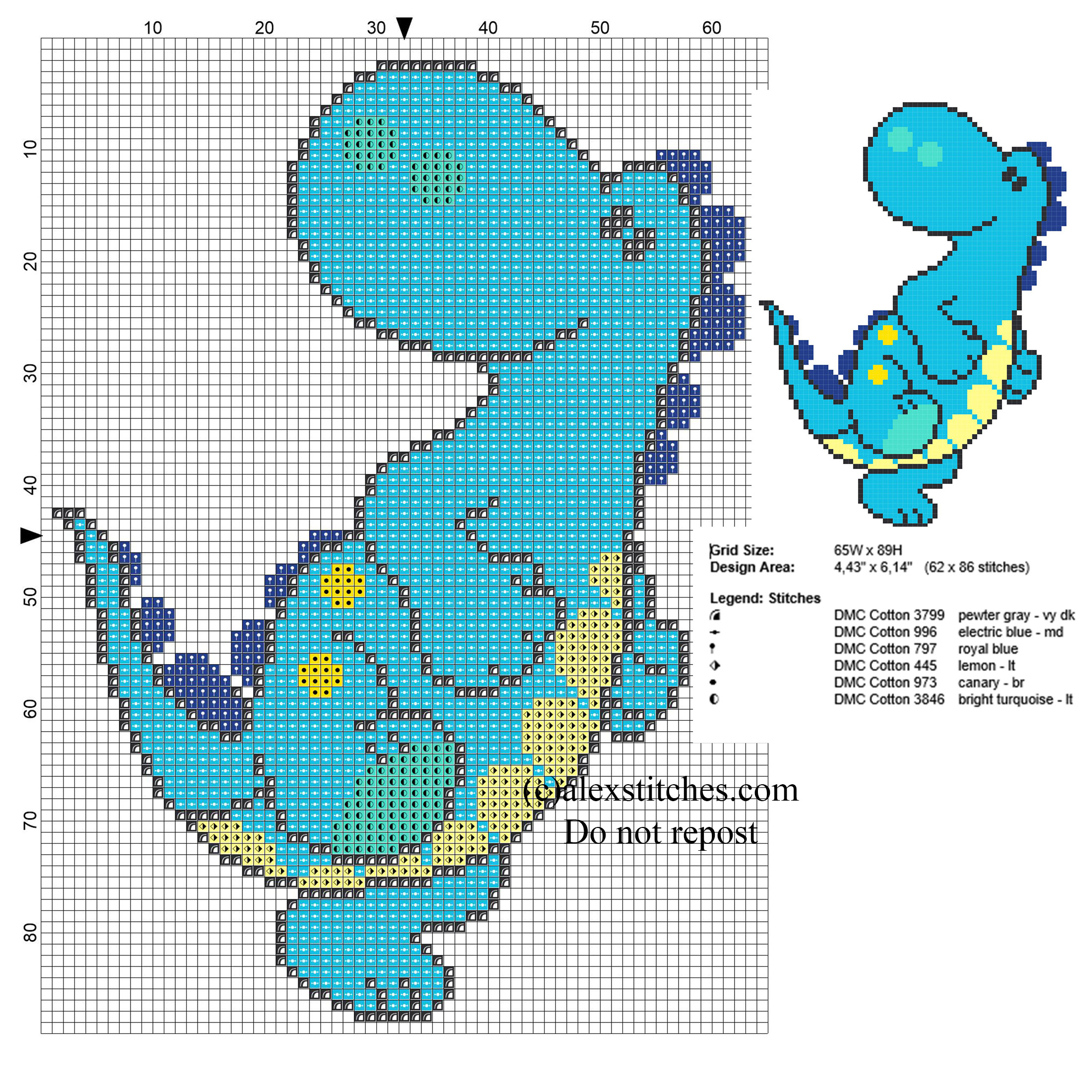 Baby Light Blue Dinosaur Free Small Cross Stitch Pattern