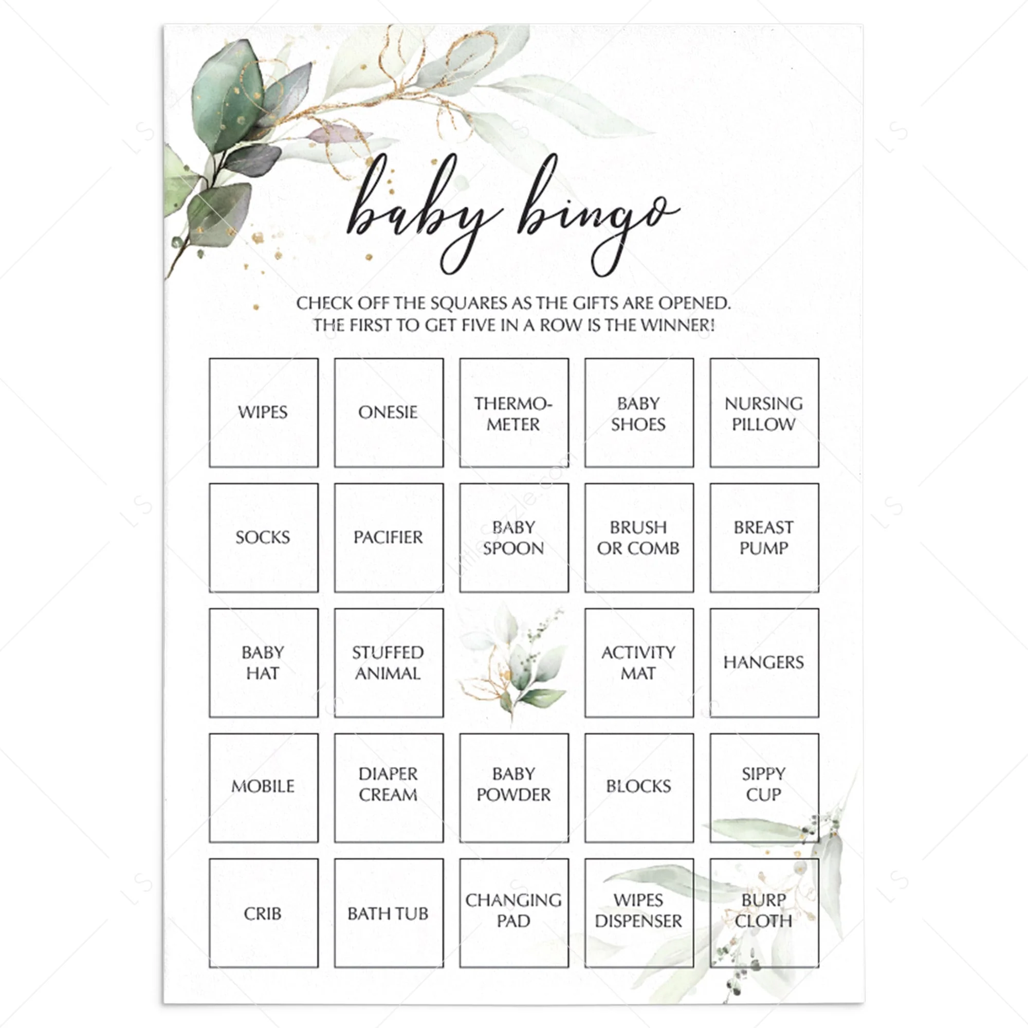 Baby Shower Bingo Cards Printable Greenery And Gold
