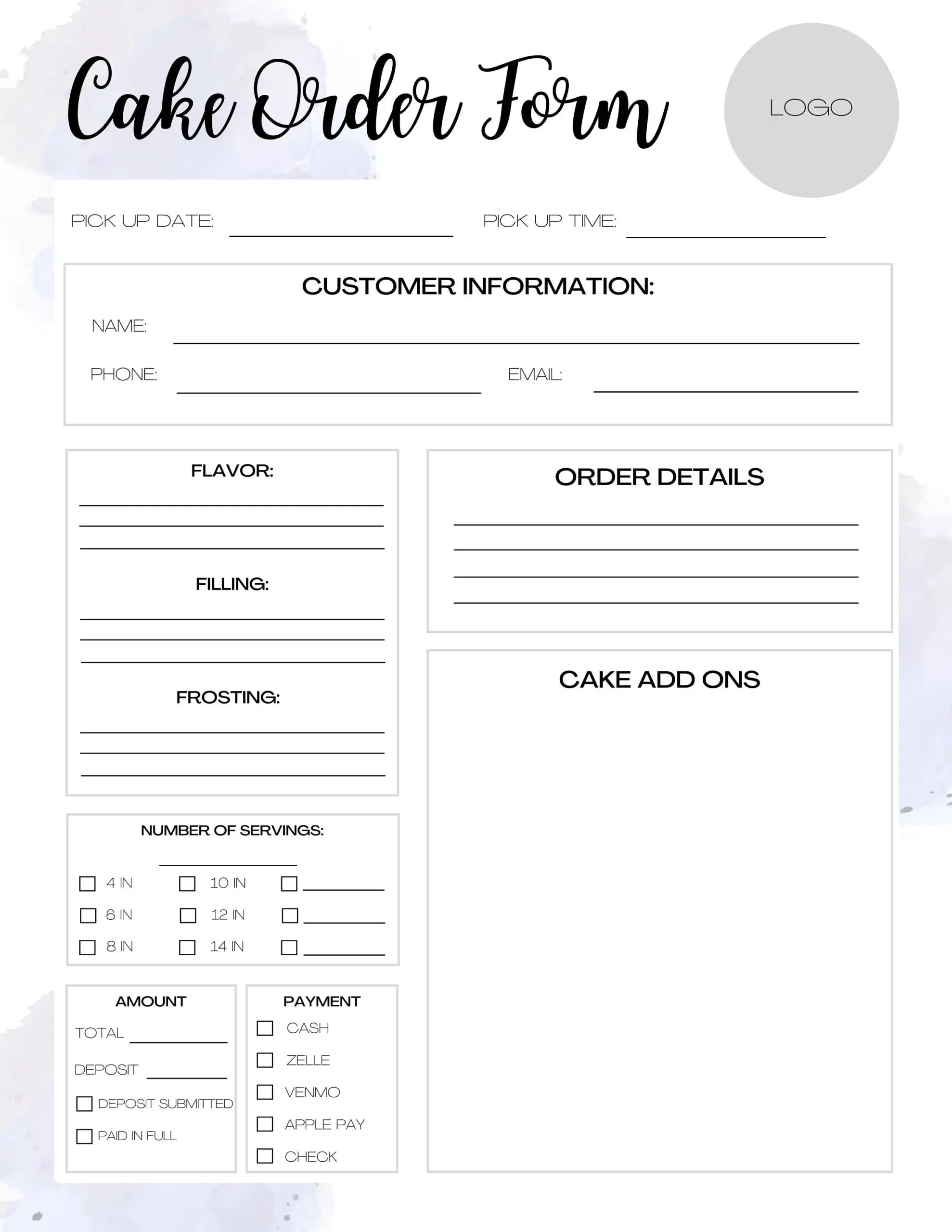 Customizable Cake Order Form Order Form Customizable Cake Order Form Order Form