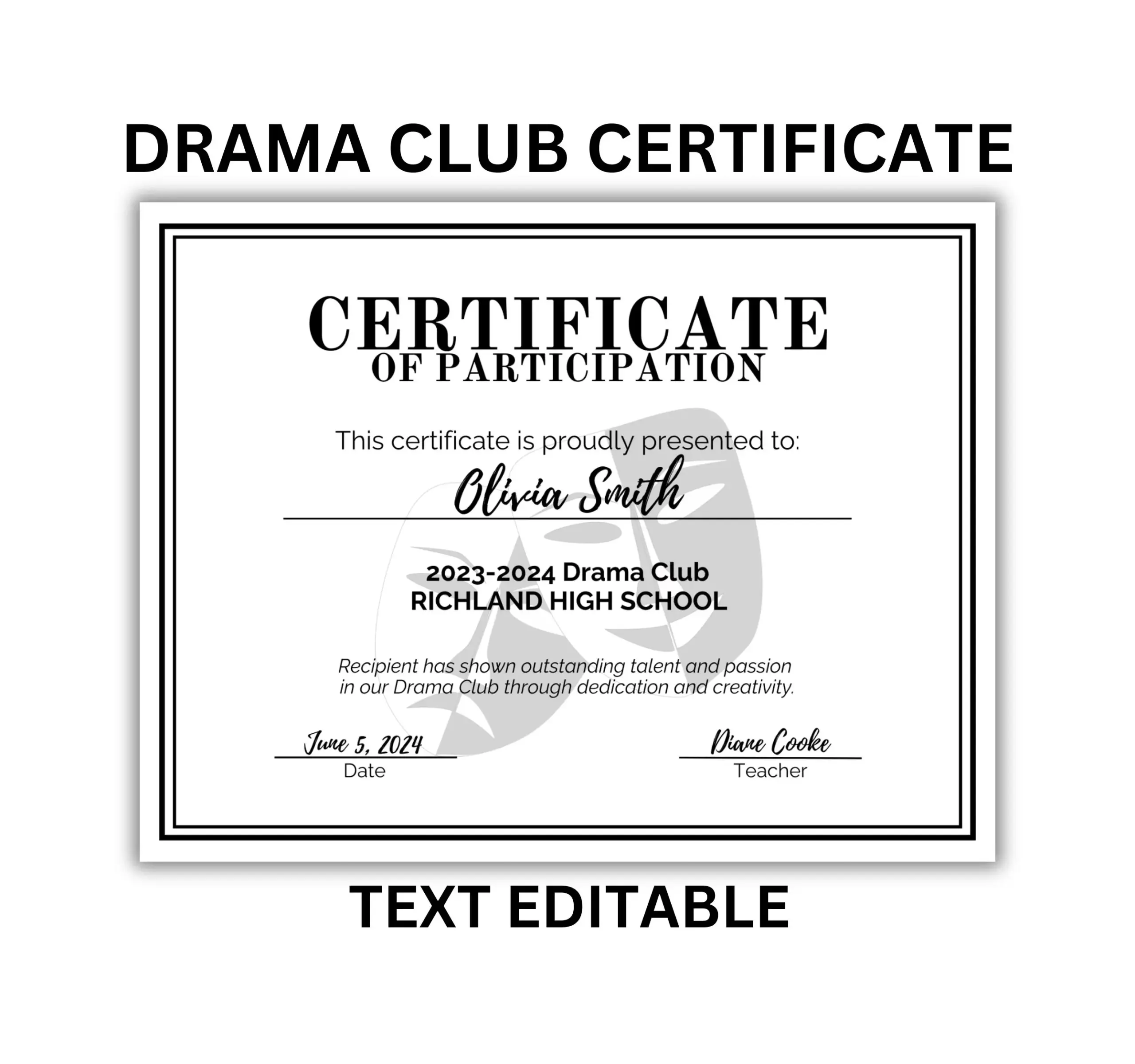 Editable Drama Club Certificate Of Editable Drama Club Certificate Of
