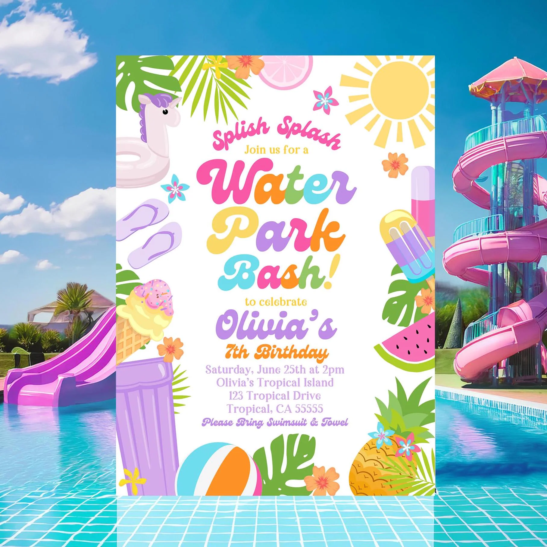Editable Water Park Birthday Invitation