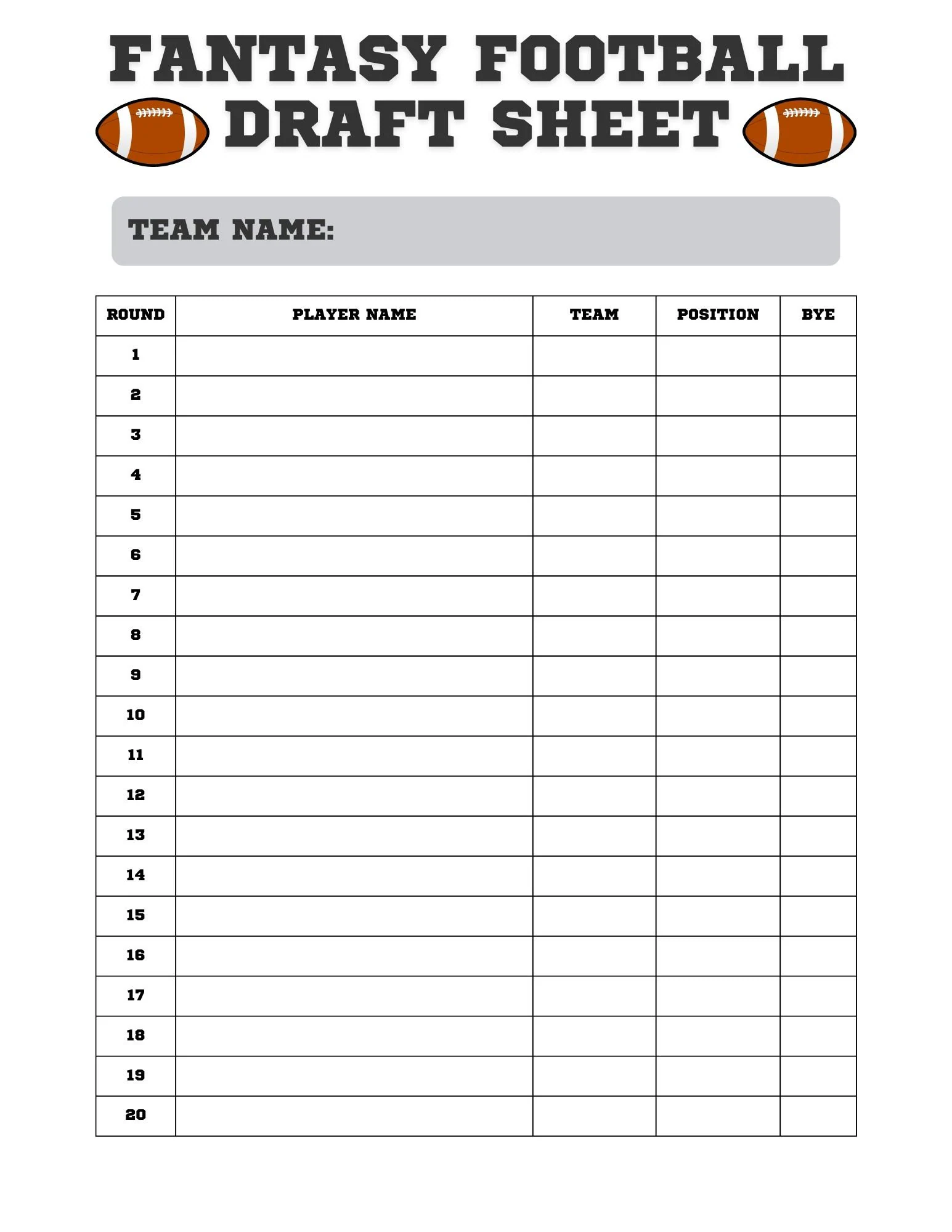 Fantasy Football Draft Sheet Printable