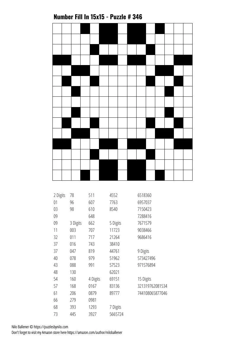 Free Downloadable Puzzle Number Fill In 15x15 346 Free Downloadable Puzzle Number Fill In 15x15 346
