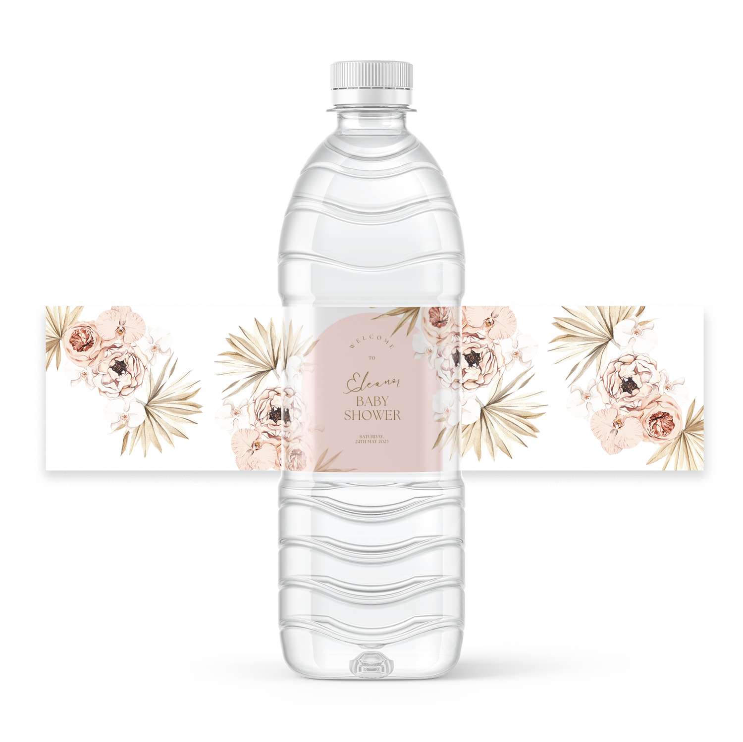 Free Pink Boho Floral Baby Shower Design For 8x2 Inch Water Bottle Labels For Canva