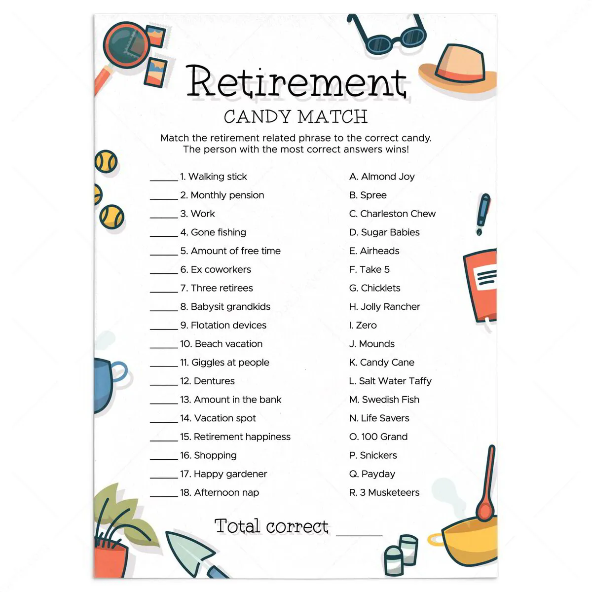 Funny Candy Match Retirement Party Game Printable Funny Candy Match Retirement Party Game Printable