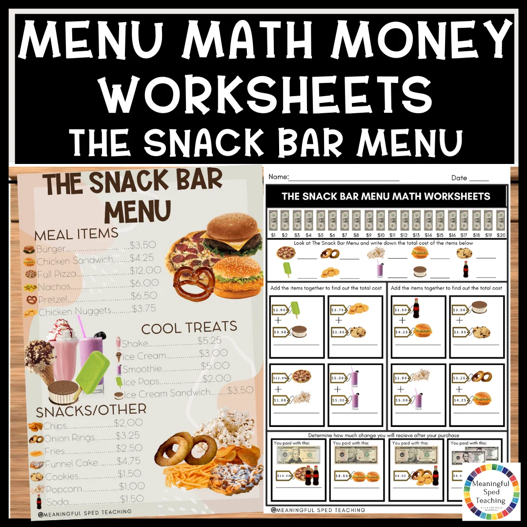 Menu Math Money Worksheets Life Skills Printable No Prep Snack Bar Freebie