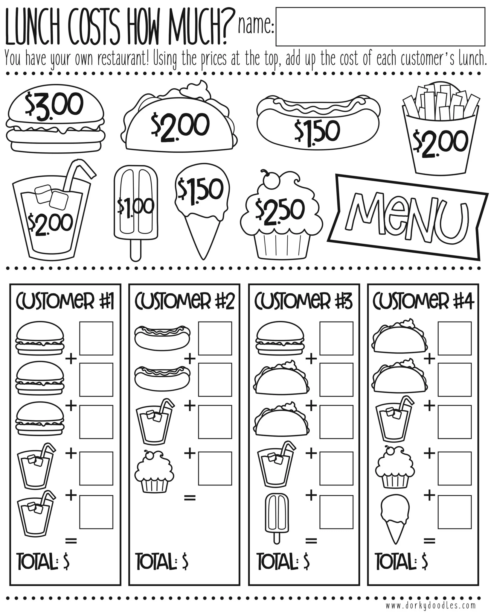 free printable menu math worksheets