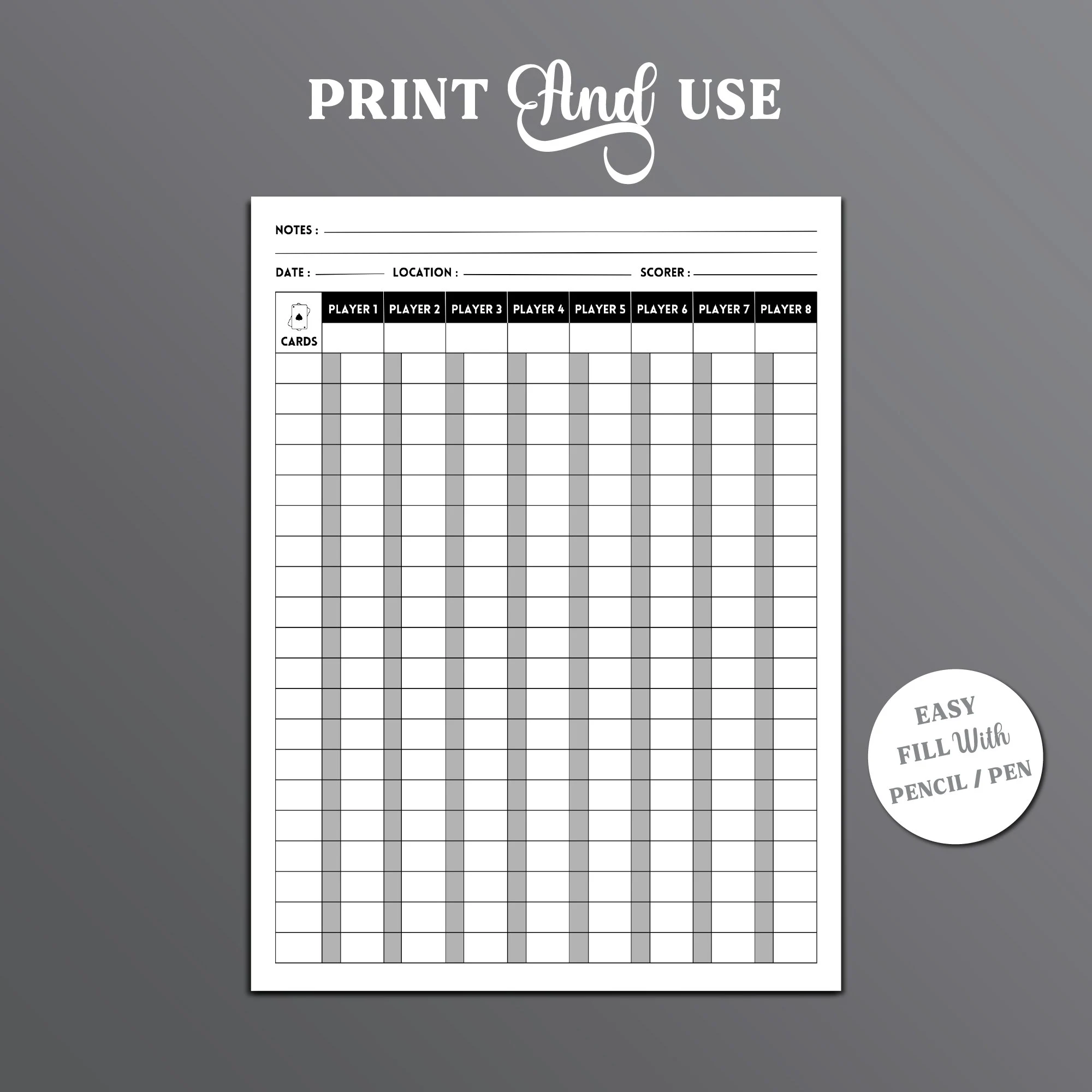 Oh Hell Card Game Score Sheet Printable