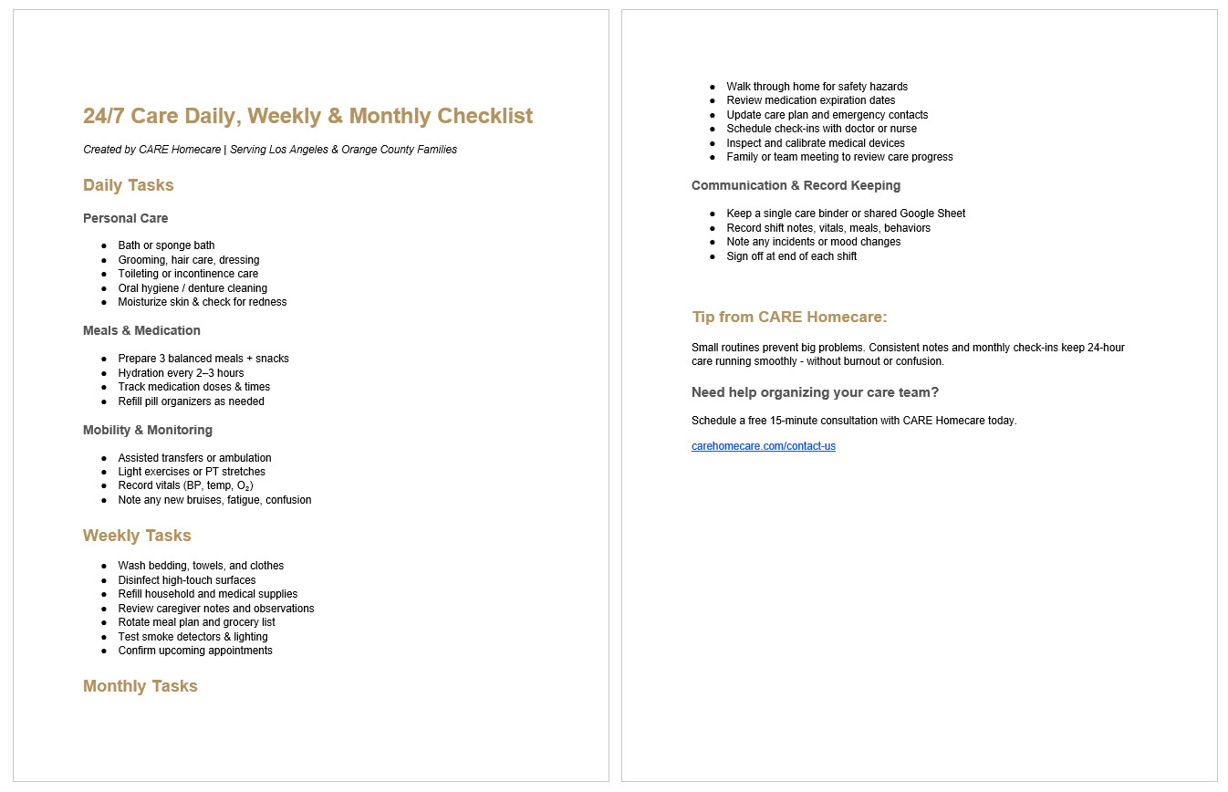 Printable 24 7 Care Checklist Pdf Printable 24 7 Care Checklist Pdf