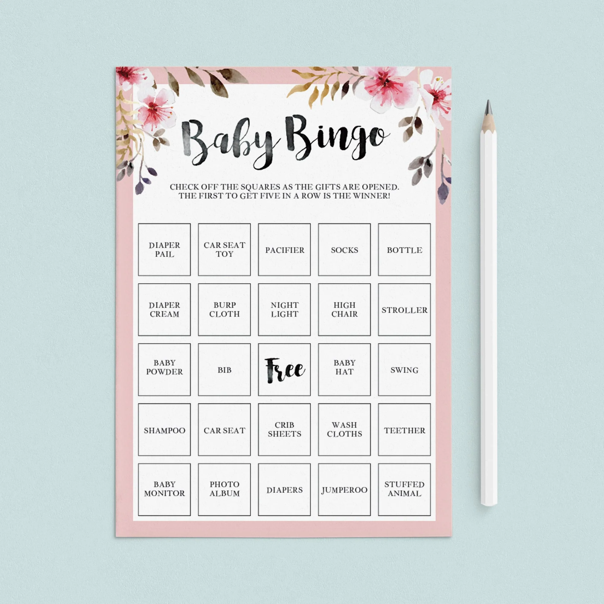 Printable Baby Bingo Cards With Blush Pink Flowers Printable Baby Bingo Cards With Blush Pink Flowers