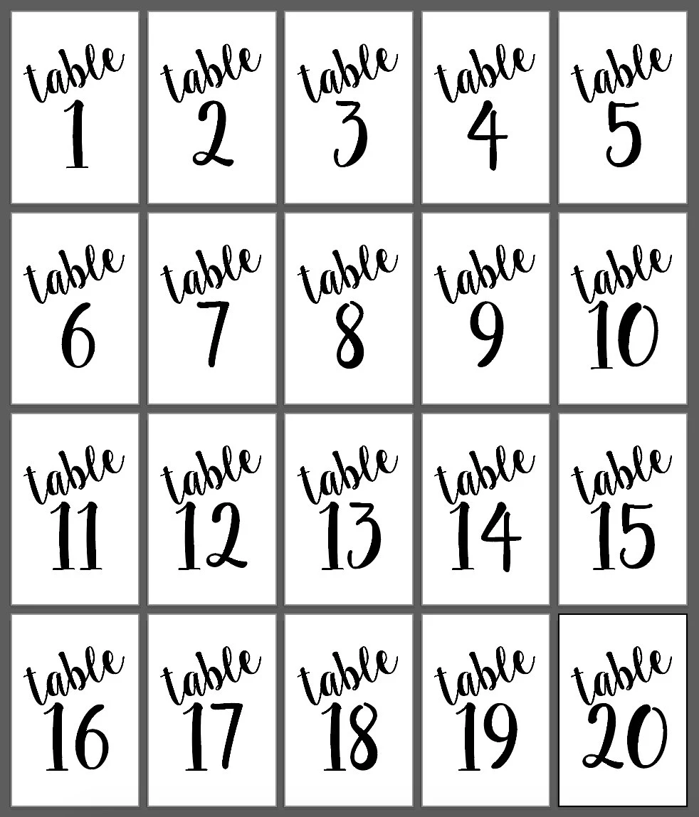 Printable Wedding Table Numbers Table