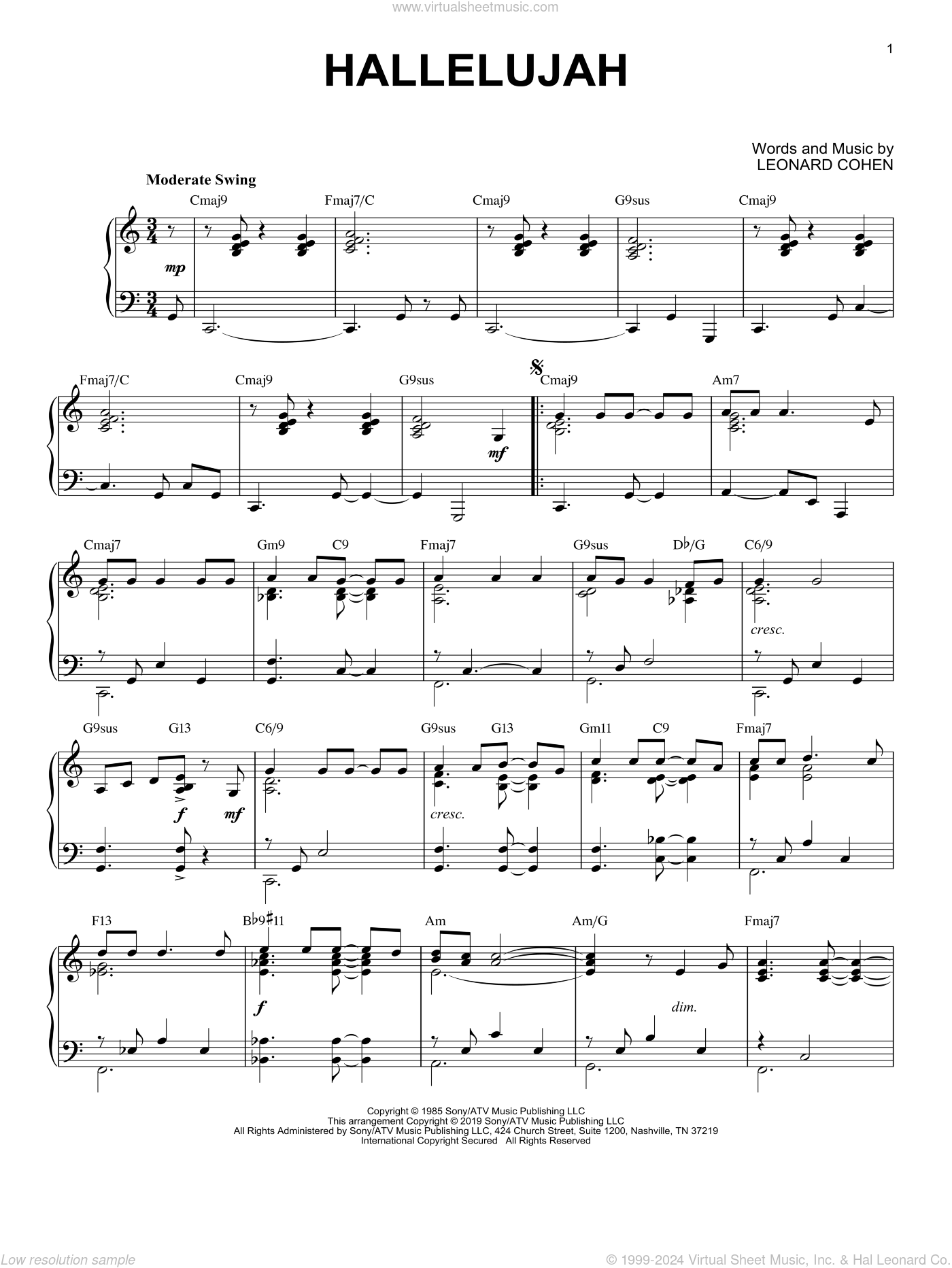 free printable piano sheet music for hallelujah by leonard cohen