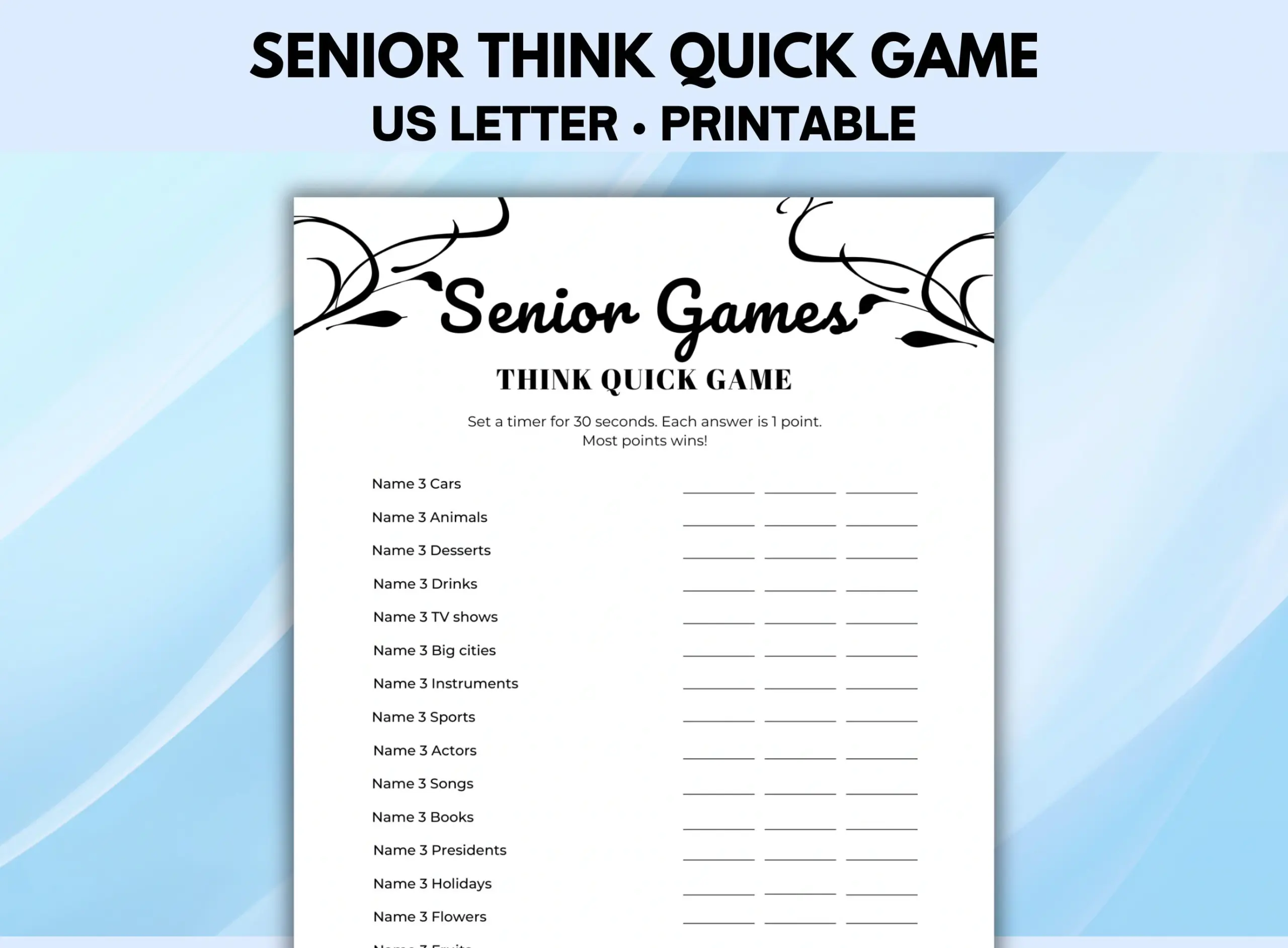 Senior Think Quick Game Printable Games Senior Think Quick Game Printable Games