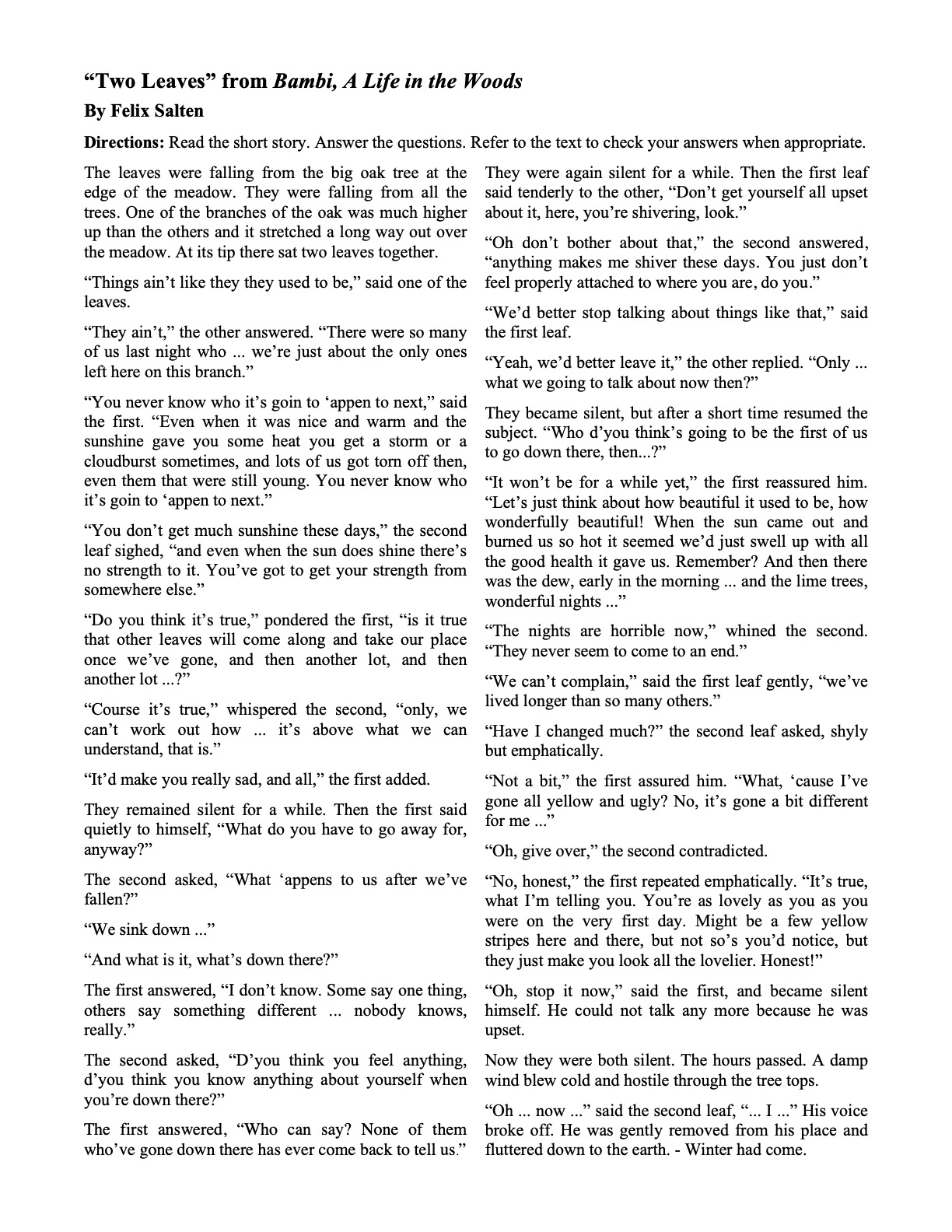 Short Stories With Questions