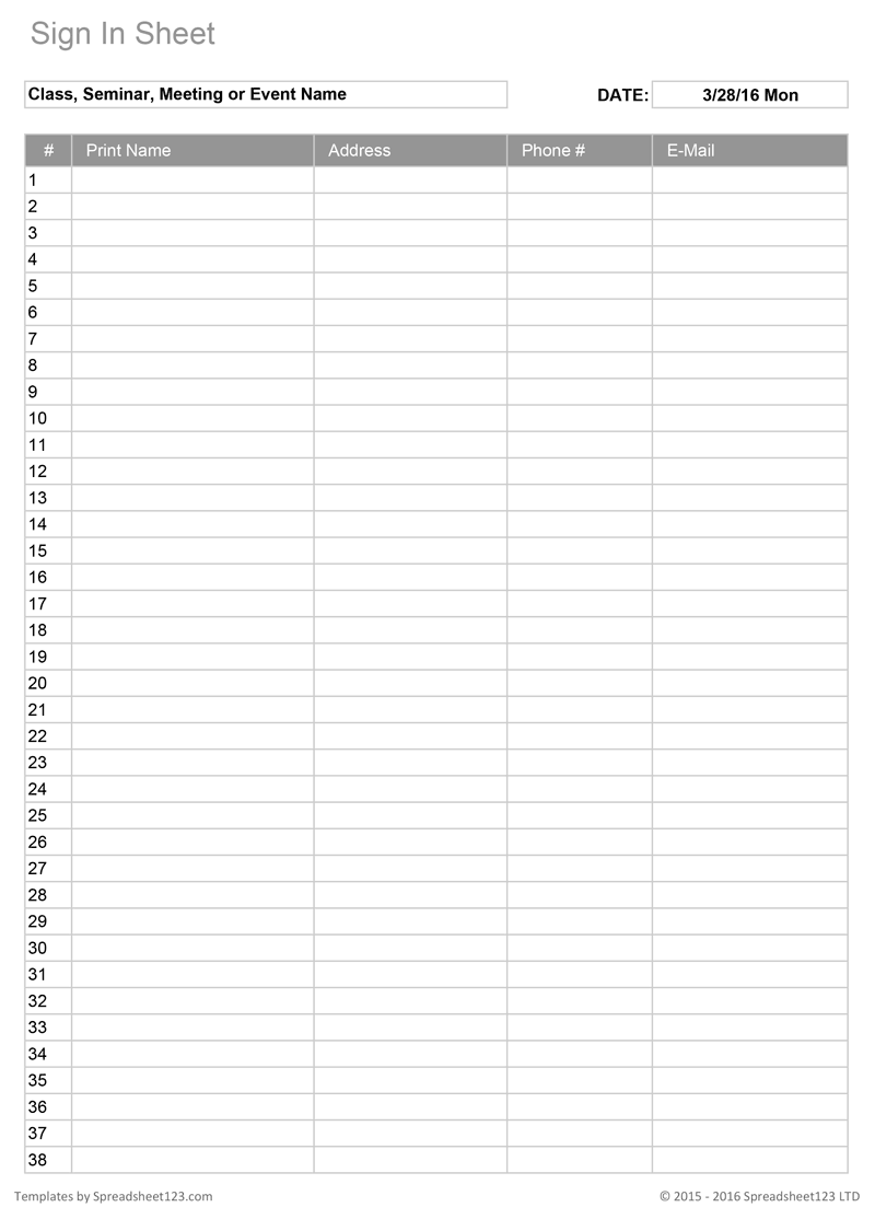 Sign In Sheets Sign In Sheets