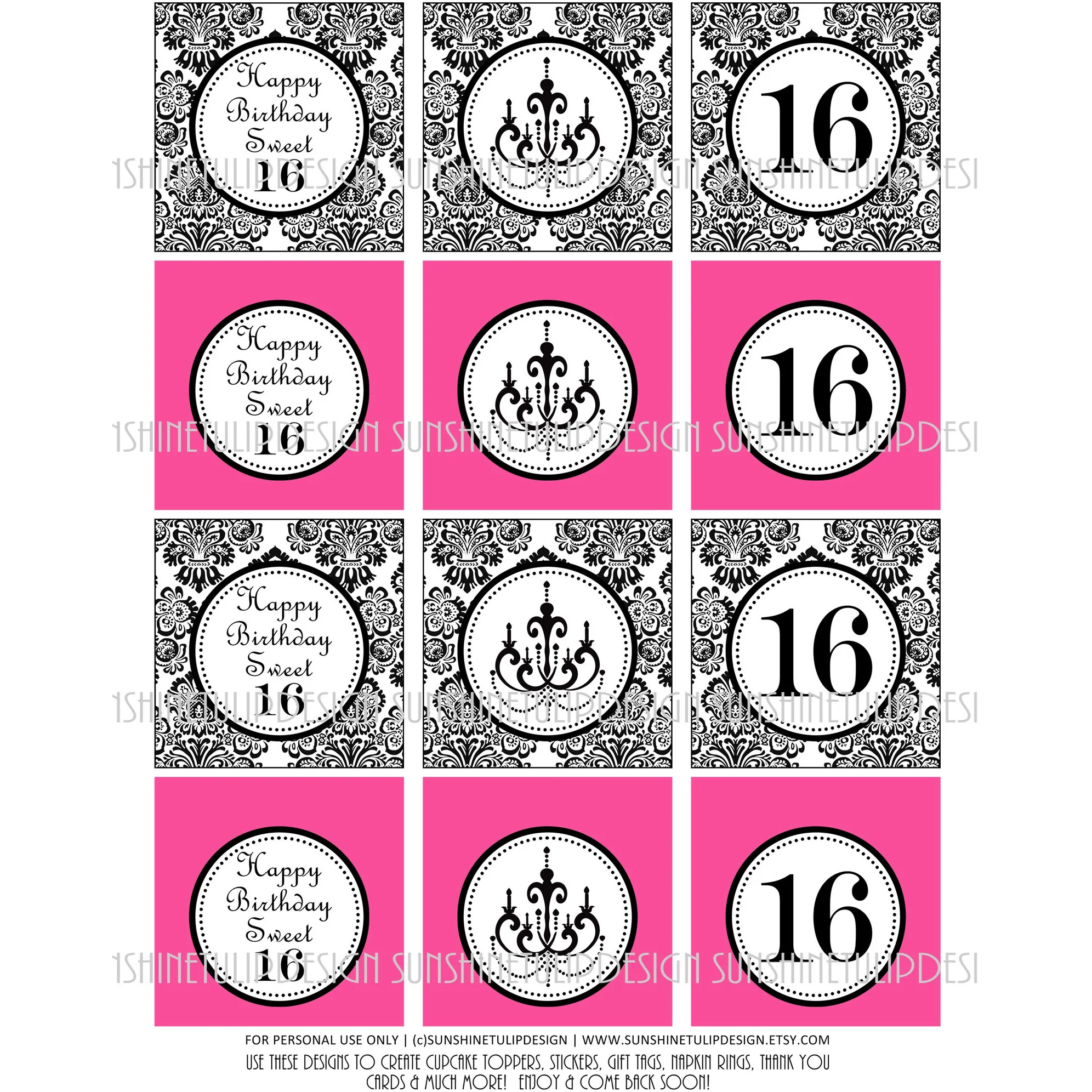 Sweet 16 Birthday Cupcake Toppers Sticker Labels Party Favor Tags 5