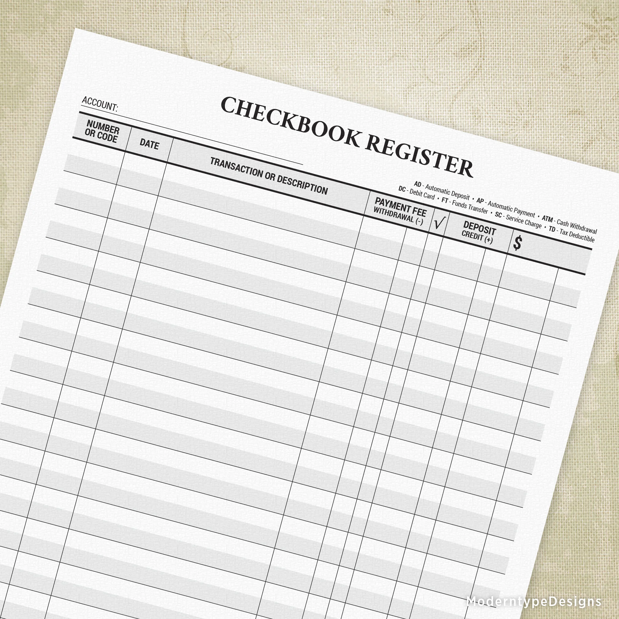 Traditional Checkbook Register Printable Prg011