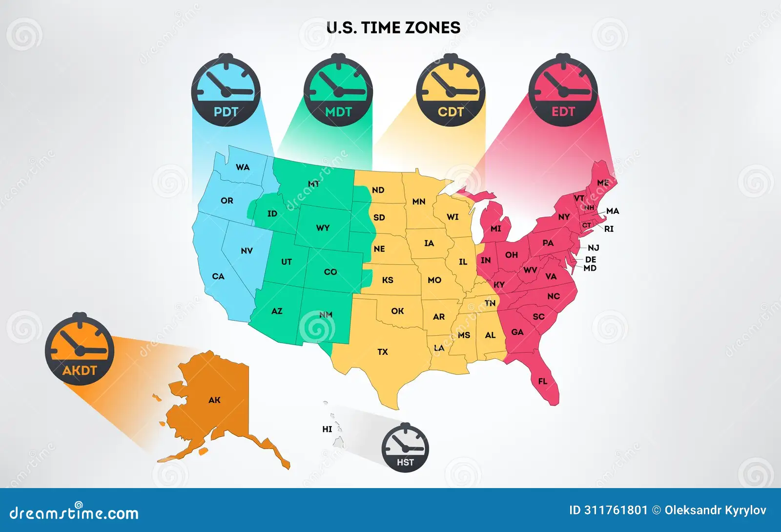 Usa Time Zones Infographic Map Colorful United States America Geography Time Zones Stock Vector Illustration Usa Time Zones Image311761801