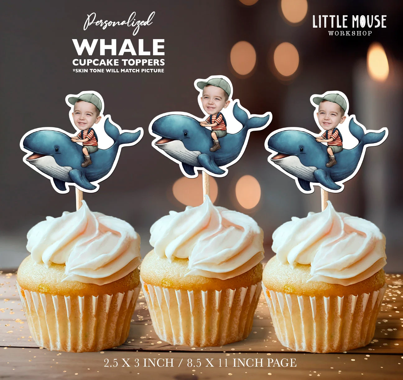 Whale Personalized Face Cupcake Toppers