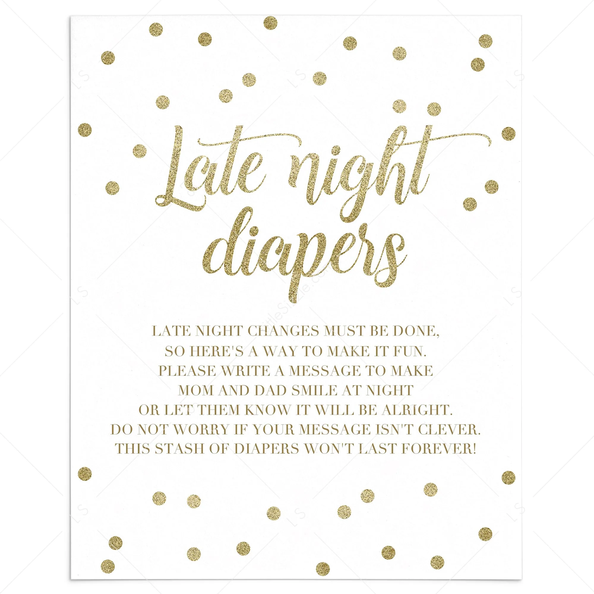 White And Gold Confetti Late Night Diapers Sign Printable